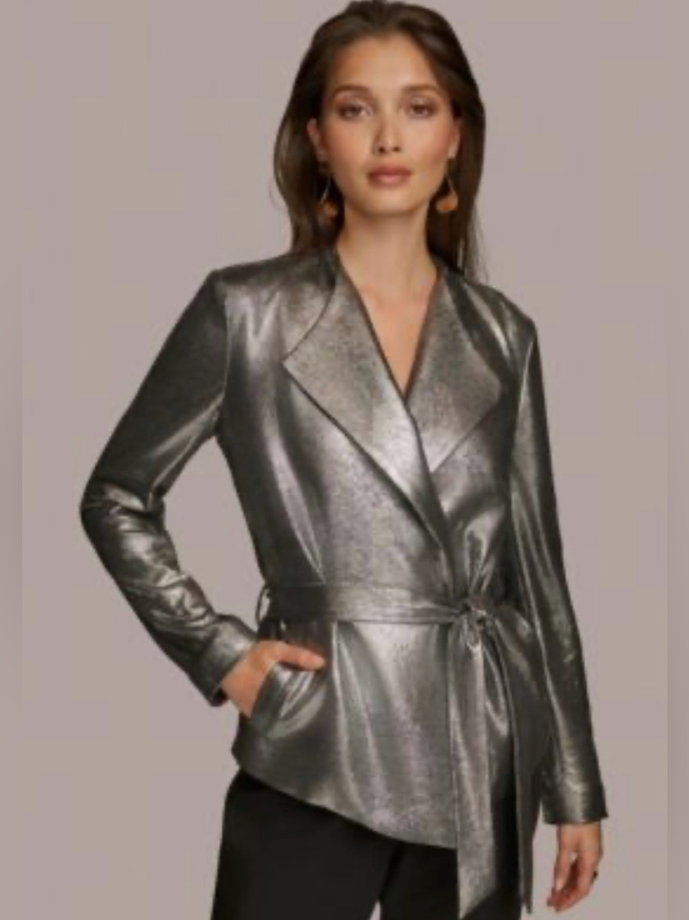 Donna Karan Metallic Silver Tie-Waist Blazer